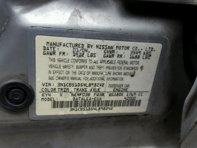 3N1CB51D54L898242 - 2004 NISSAN SENTRA SILVER photo 10