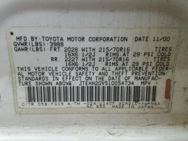 JTEHH20V510054734 - 2001 TOYOTA RAV4 WHITE photo 10