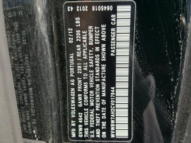 WVWBW7AH2CV017944 - 2012 VOLKSWAGEN EOS KOMFOR 黑色 照片 10