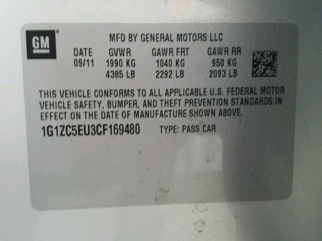 1G1ZC5EU3CF169480 - 2012 CHEVROLET MALIBU 1LT ვერცხლისფერი ფოტო 10