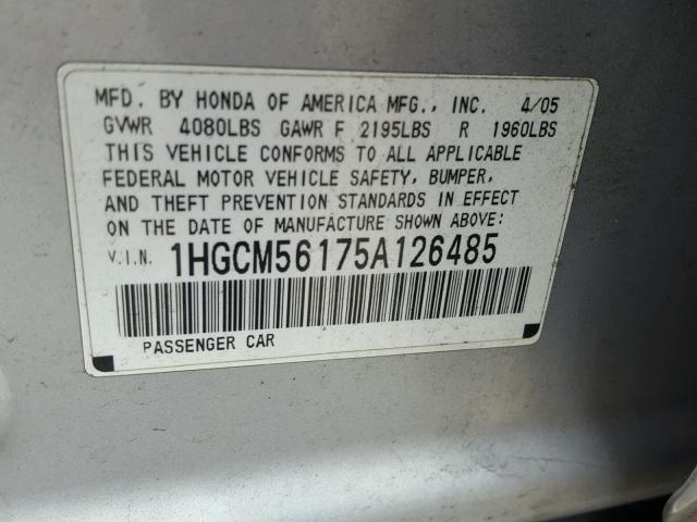 1HGCM56175A126485 - 2005 HONDA ACCORD DX GRAY photo 10