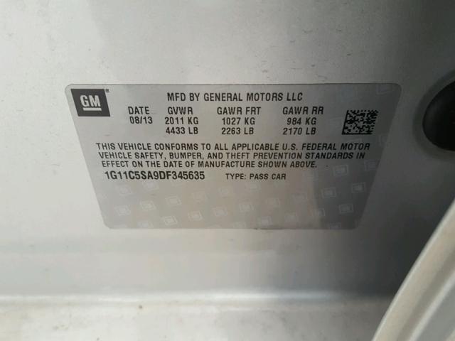 1G11C5SA9DF345635 - 2013 CHEVROLET MALIBU 1LT ვერცხლისფერი ფოტო 10