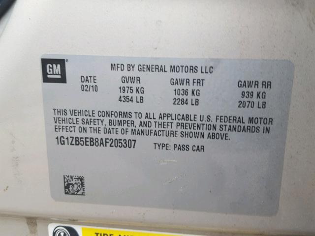 1G1ZB5EB8AF205307 - 2010 CHEVROLET MALIBU LS ბეჟი ფოტო 10