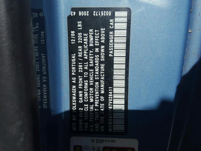 WVWDA71F67V028411 - 2007 VOLKSWAGEN EOS 2.0T S BLUE photo 10