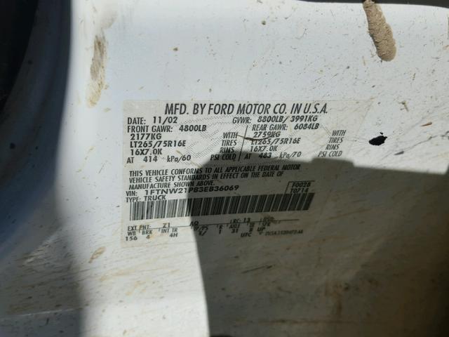 1FTNW21P83EB36069 - 2003 FORD F250 SUPER WHITE photo 10