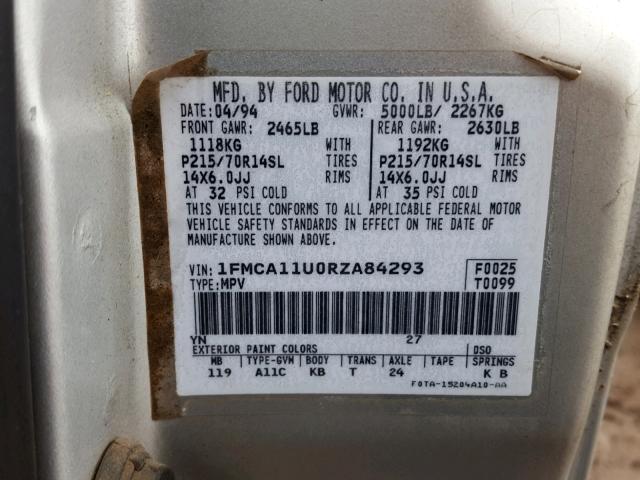 1FMCA11U0RZA84293 - 1994 FORD AEROSTAR SILVER photo 10