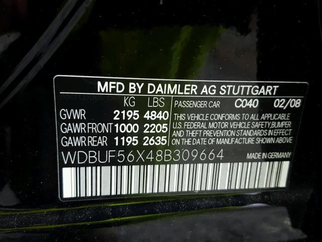 WDBUF56X48B309664 - 2008 MERCEDES-BENZ E 350 BLACK photo 10