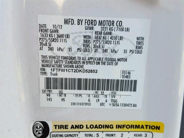 1FTFW1CT2DKD52852 - 2013 FORD F150 SUPER WHITE photo 10