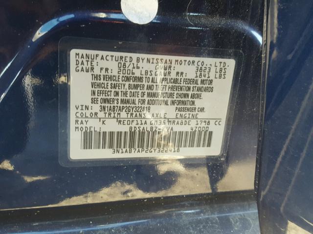 3N1AB7AP2GY322418 - 2016 NISSAN SENTRA S BLUE photo 10