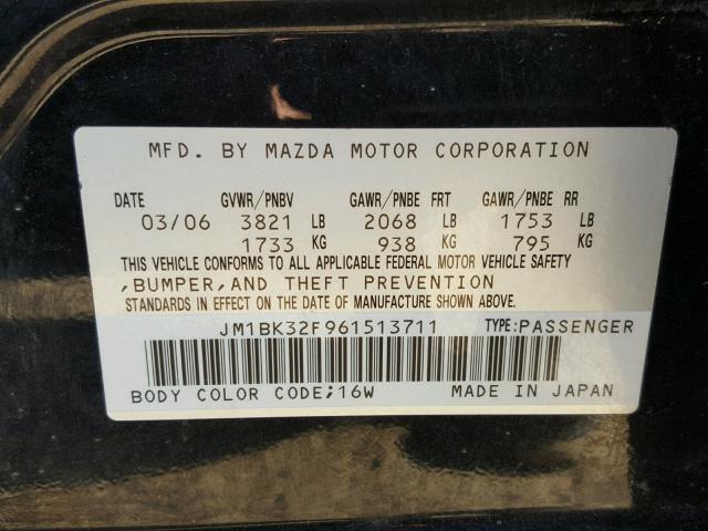 JM1BK32F961513711 - 2006 MAZDA 3 I BLACK photo 10