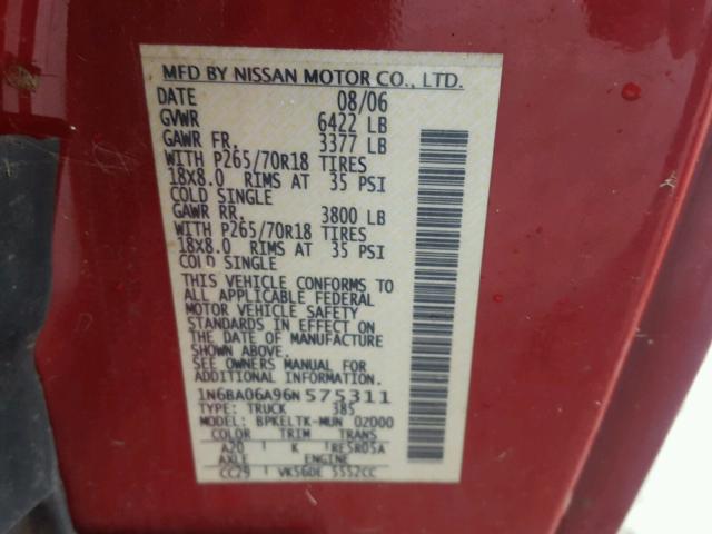 1N6BA06A96N575311 - 2006 NISSAN TITAN XE RED photo 10