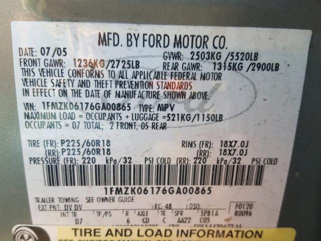 1FMZK06176GA00865 - 2006 FORD FREESTYLE GREEN photo 10