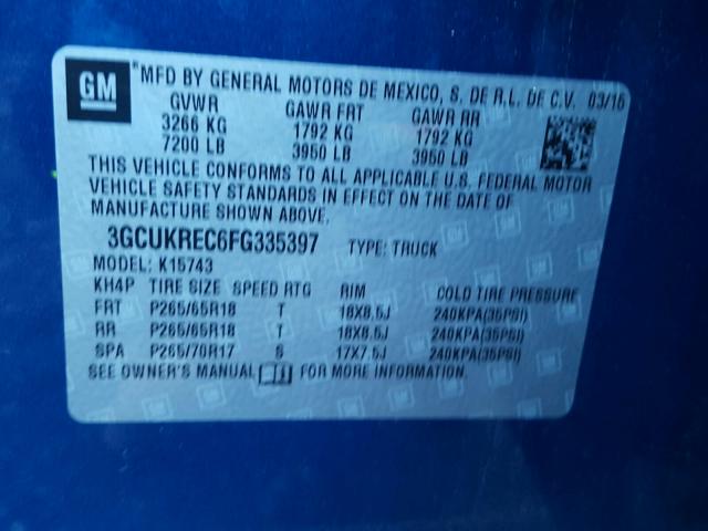 3GCUKREC6FG335397 - 2015 CHEVROLET SILVERADO BLUE photo 10