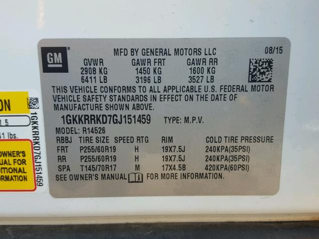 1GKKRRKD7GJ151459 - 2016 GMC ACADIA SLT 白色 照片 10