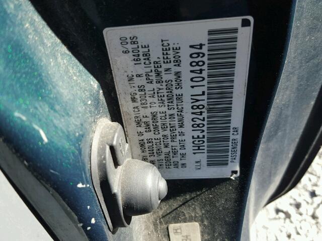 1HGEJ8248YL104894 - 2000 HONDA CIVIC EX მწვანე ფოტო 10