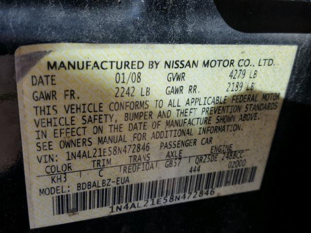 1N4AL21E58N472846 - 2008 NISSAN ALTIMA 2.5 BLACK photo 10