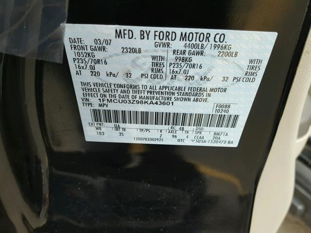 1FMCU03Z98KA43601 - 2008 FORD ESCAPE BLACK photo 10