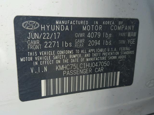 KMHC75LC1HU047050 - 2017 HYUNDAI IONIQ SEL WHITE photo 10