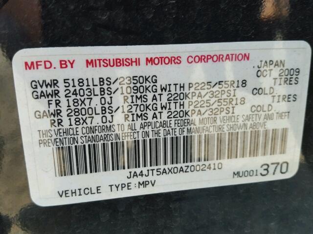 JA4JT5AX0AZ002410 - 2010 MITSUBISHI OUTLANDER BLACK photo 10