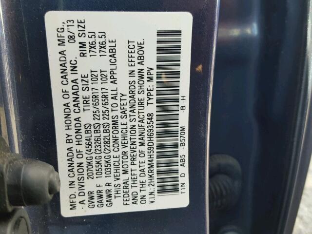 2HKRM4H59DH693548 - 2013 HONDA CR-V EX BLUE photo 10