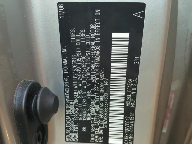 5TDZA23C66S577630 - 2006 TOYOTA SIENNA CE GRAY photo 10