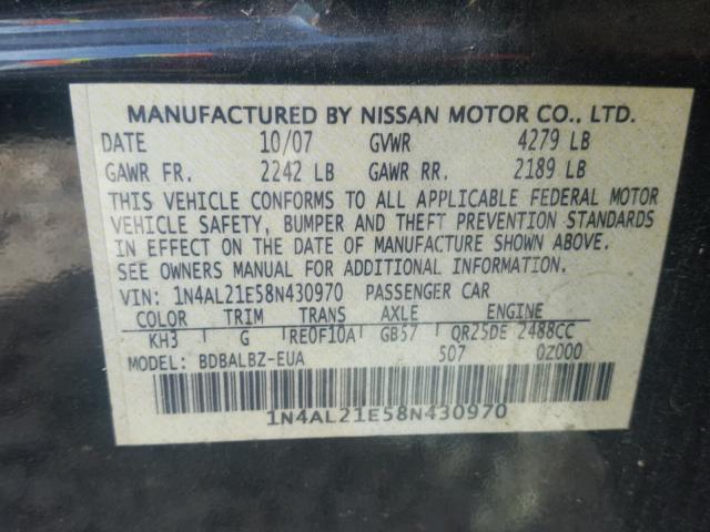 1N4AL21E58N430970 - 2008 NISSAN ALTIMA BLACK photo 10