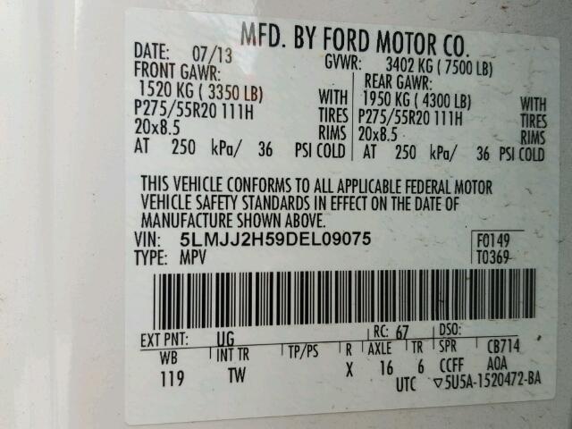 5LMJJ2H59DEL09075 - 2013 LINCOLN NAVIGATOR WHITE photo 10