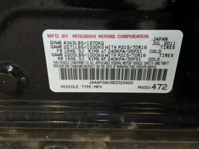 JA4AP3AU3BZ023400 - 2011 MITSUBISHI OUTLANDER BLACK photo 10