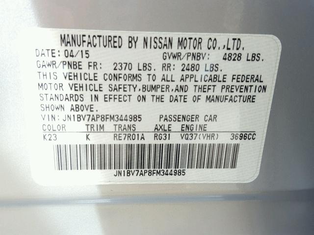 JN1BV7AP8FM344985 - 2015 INFINITI Q50 BASE SILVER photo 10