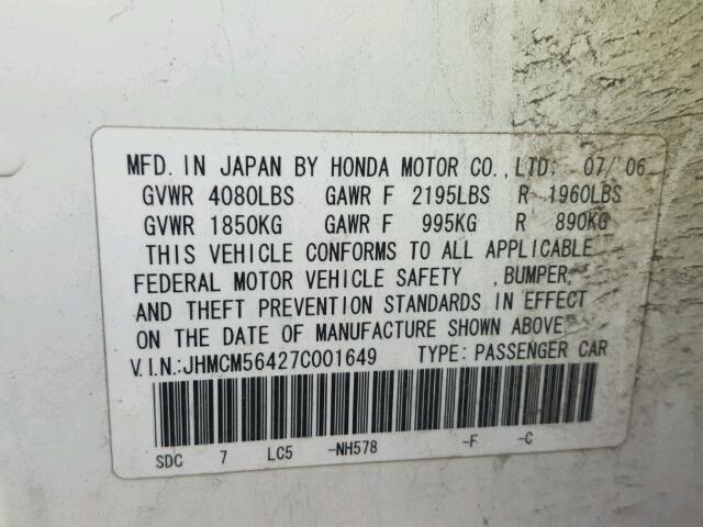 JHMCM56427C001649 - 2007 HONDA ACCORD WHITE photo 10