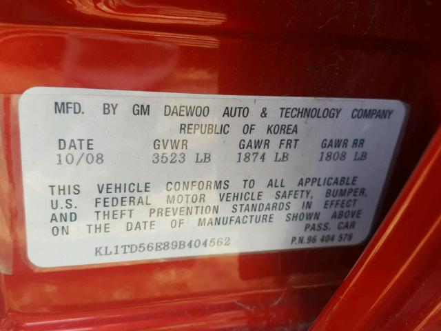 KL1TD56E89B404562 - 2009 CHEVROLET AVEO LS RED photo 10