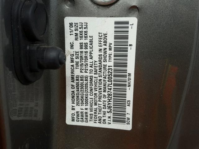 5J6YH28747L005231 - 2007 HONDA ELEMENT EX SILVER photo 10