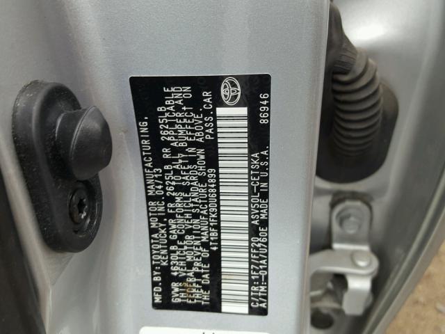 4T1BF1FK9DU684899 - 2013 TOYOTA CAMRY SILVER photo 10