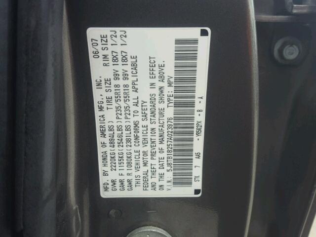 5J8TB18257A023976 - 2007 ACURA RDX GRAY photo 10