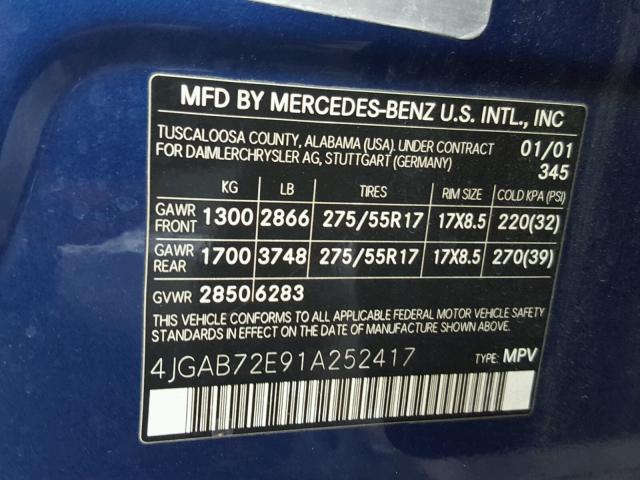 4JGAB72E91A252417 - 2001 MERCEDES-BENZ ML 430 BLUE photo 10