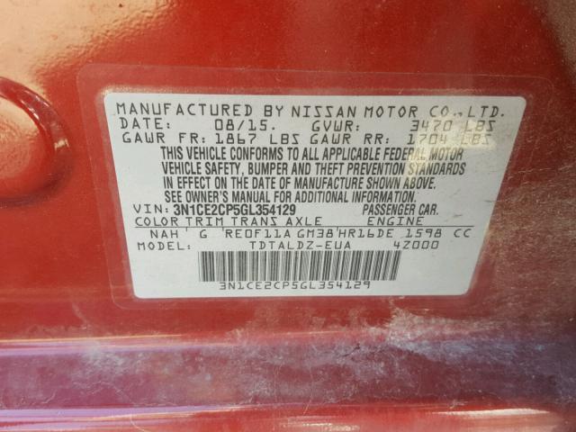 3N1CE2CP5GL354129 - 2016 NISSAN VERSA NOTE RED photo 10