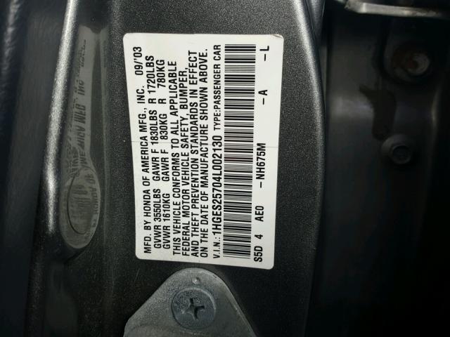 1HGES25704L002130 - 2004 HONDA CIVIC EX GRAY photo 10