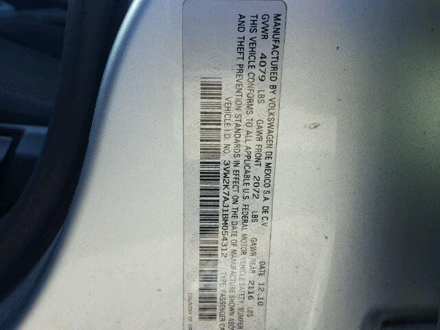 3VW2K7AJ1BM054312 - 2011 VOLKSWAGEN JETTA BASE SILVER photo 10