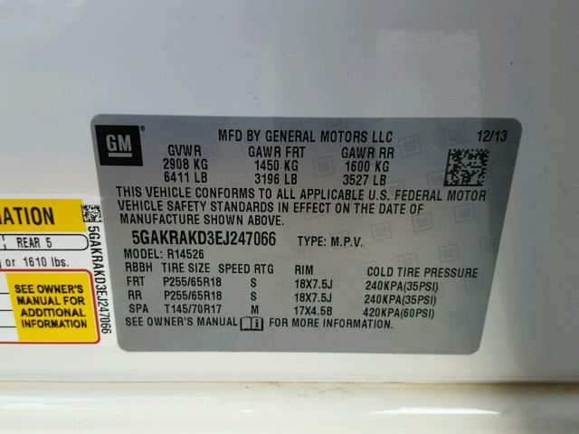 5GAKRAKD3EJ247066 - 2014 BUICK ENCLAVE WHITE photo 10