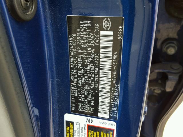 4T4BF3EK9BR148230 - 2011 TOYOTA CAMRY BASE BLUE photo 10