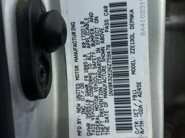 1NXBR32E26Z759478 - 2006 TOYOTA COROLLA CE SILVER photo 10