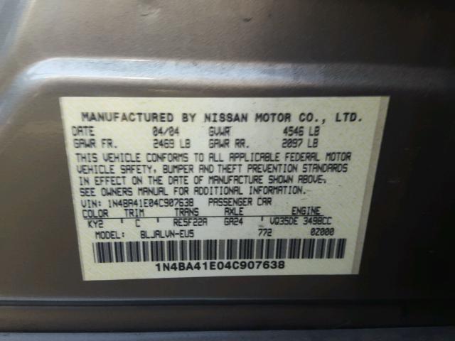 1N4BA41E04C907638 - 2004 NISSAN MAXIMA SE BROWN photo 10