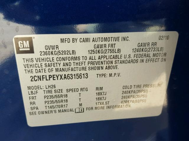 2CNFLPEYXA6315613 - 2010 CHEVROLET EQUINOX LT BLUE photo 10