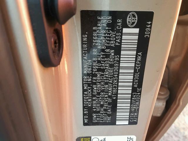 4T1BE32K54U369795 - 2004 TOYOTA CAMRY LE ოქროსფერი ფოტო 10