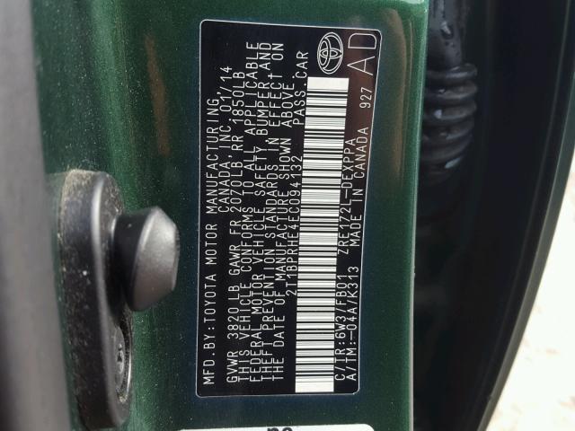 2T1BPRHE4EC094132 - 2014 TOYOTA COROLLA EC 绿色 照片 10