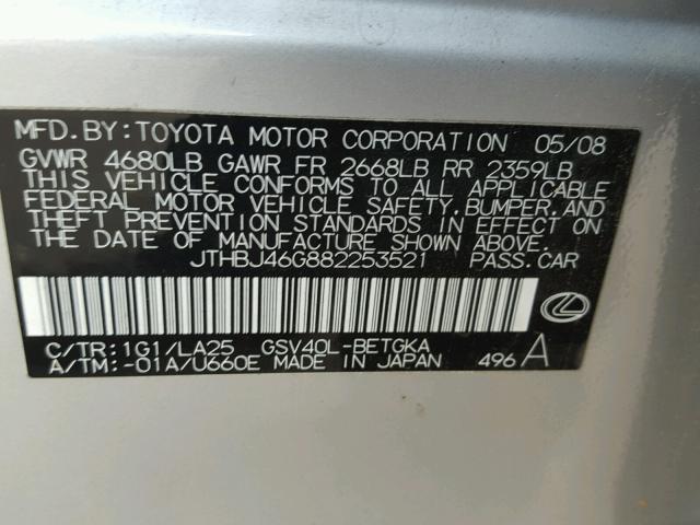 JTHBJ46G882253521 - 2008 LEXUS ES 350 SILVER photo 10