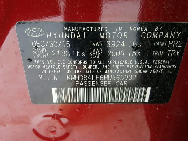 KMHD84LF6HU365932 - 2017 HYUNDAI ELANTRA SE RED photo 10