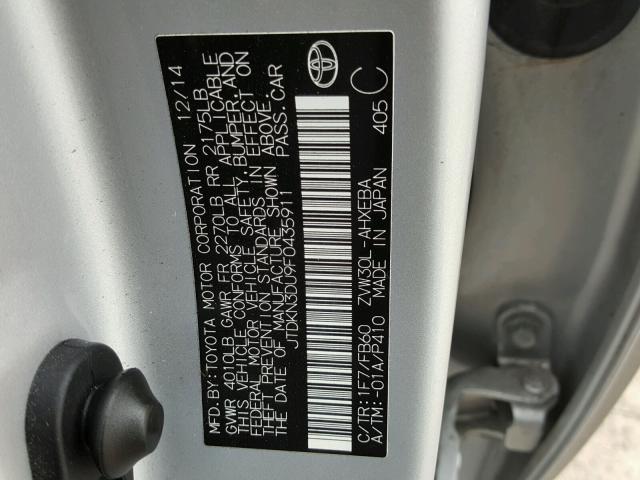 JTDKN3DU9F0435911 - 2015 TOYOTA PRIUS 银色 照片 10