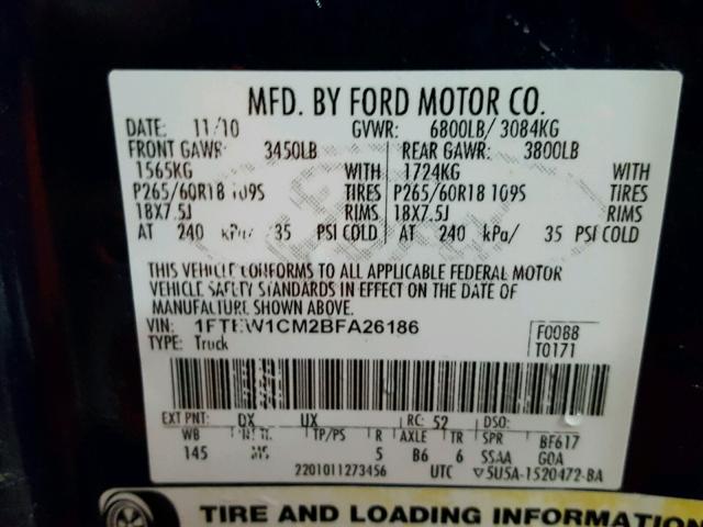 1FTEW1CM2BFA26186 - 2011 FORD F150 TWO TONE photo 10