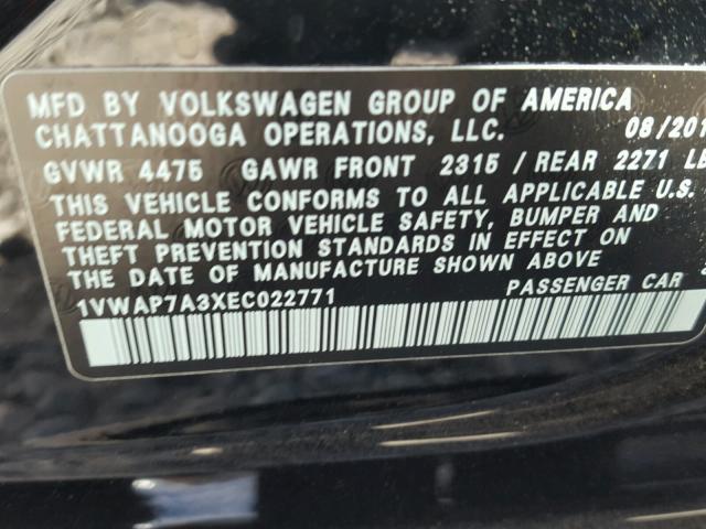 1VWAP7A3XEC022771 - 2014 VOLKSWAGEN PASSAT S შავი ფოტო 10